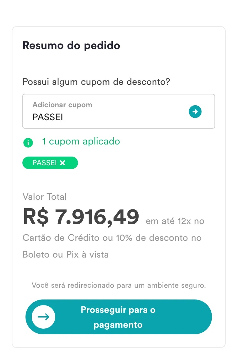 Resumo do pedido no carrinho do Estratégia MED com o cupom PASSEI aplicado